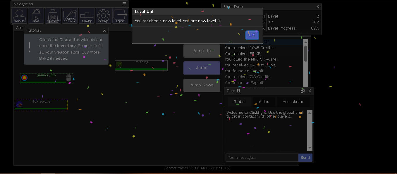 Subida de nivel exitosa al nivel 3 en Clickfight